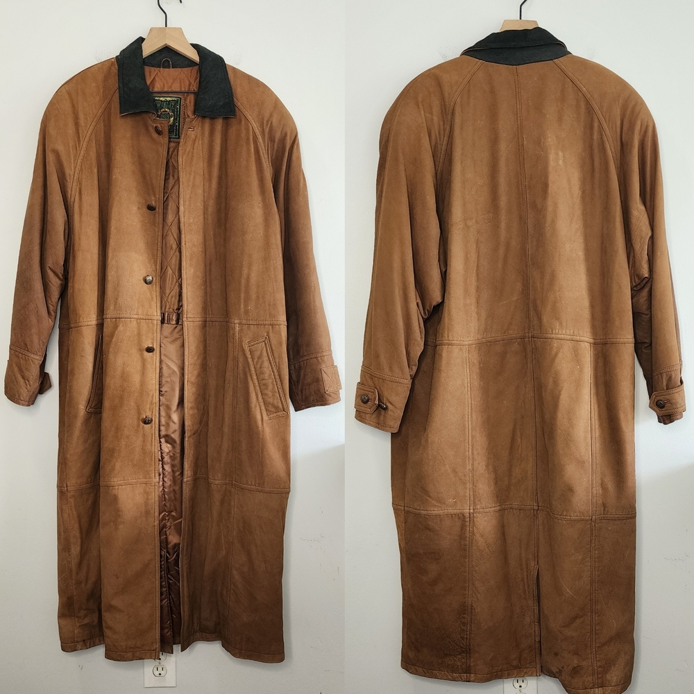 Winlit Brown Leather Trench Coat with Black Collar Size Small